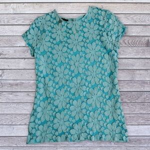 INC International Concepts Teal Floral Lace Short Sleeve Top medium